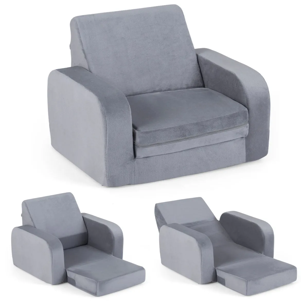 Ausklappbare Kindercouch 3-in-1 Kindersofa mit ultraweichem Kristallvelours & elastischem Materia Grau