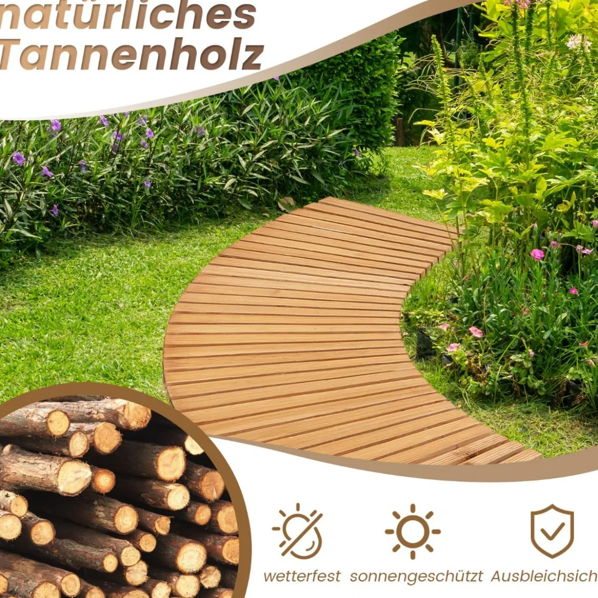 Ausrollbarer Gartenweg aus Holz mit Metalldraht & Rutschfester Oberfläche Rollweg Holzsteg 216 x 53 cm