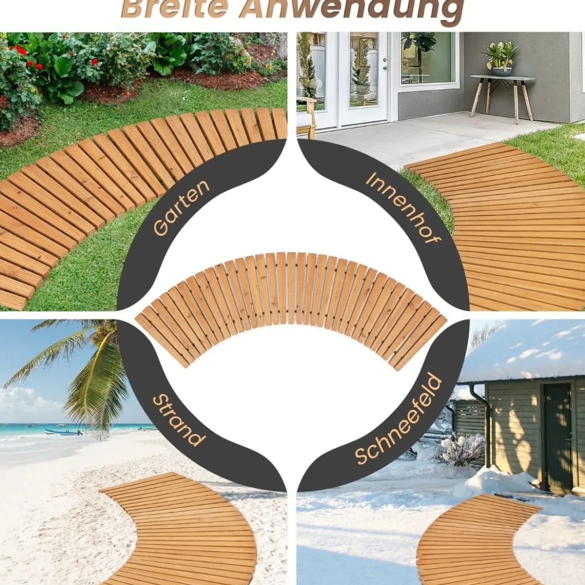Ausrollbarer Gartenweg aus Holz mit Metalldraht & Rutschfester Oberfläche Rollweg Holzsteg 216 x 53 cm