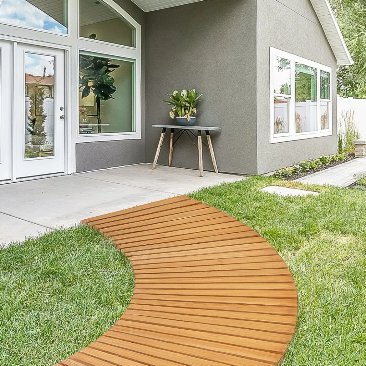 Ausrollbarer Gartenweg aus Holz mit Metalldraht & Rutschfester Oberfläche Rollweg Holzsteg 216 x 53 cm