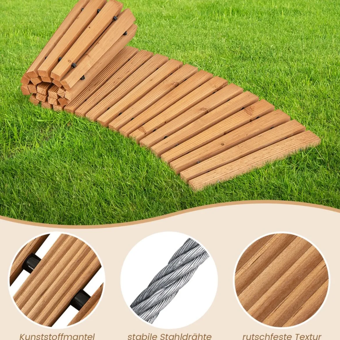 Ausrollbarer Gartenweg aus Holz mit Metalldraht & Rutschfester Oberfläche Rollweg Holzsteg 216 x 53 cm
