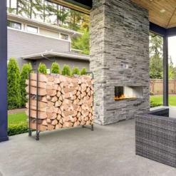 Aussen Metall Kaminholzregal mit Wasserdichter Abdeckung Brennholzregal 122,5 x 35,5 x 122,5 cm