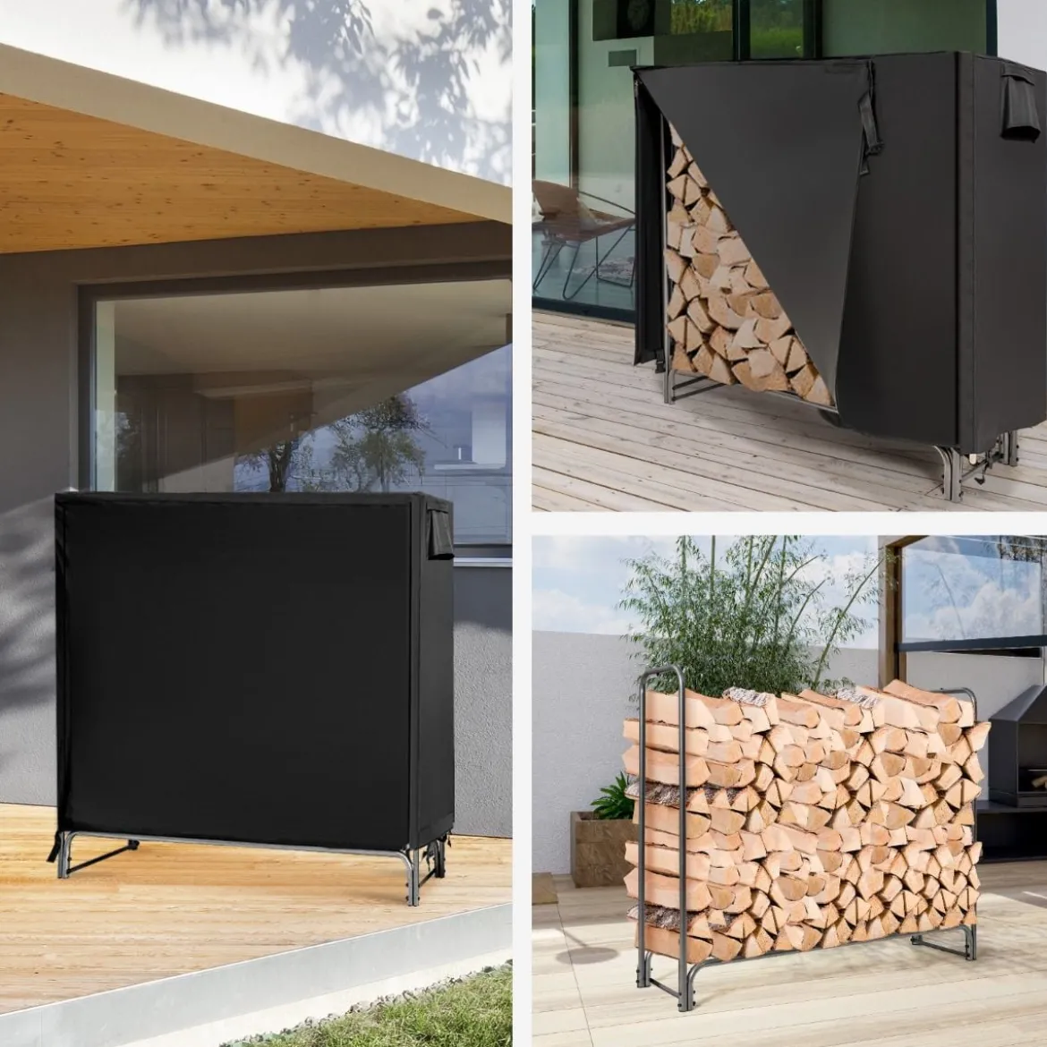 Aussen Metall Kaminholzregal mit Wasserdichter Abdeckung Brennholzregal 122,5 x 35,5 x 122,5 cm