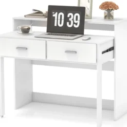 Ausziehbarer Schreibtisch mit 2 Schubladen Kleiner Computertisch mit Monitorablage und Rollen 100 x 39-68 x 85 cm Weiß