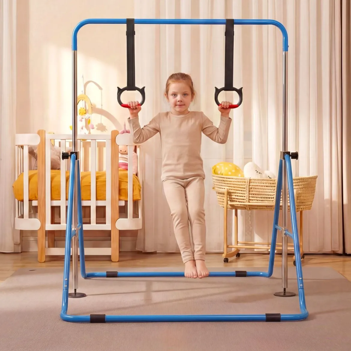 Ausziehbare Turnstange für Kinder 4-fach höhenverstellbare Reckstange mit stabilem Metallrahmen Blau