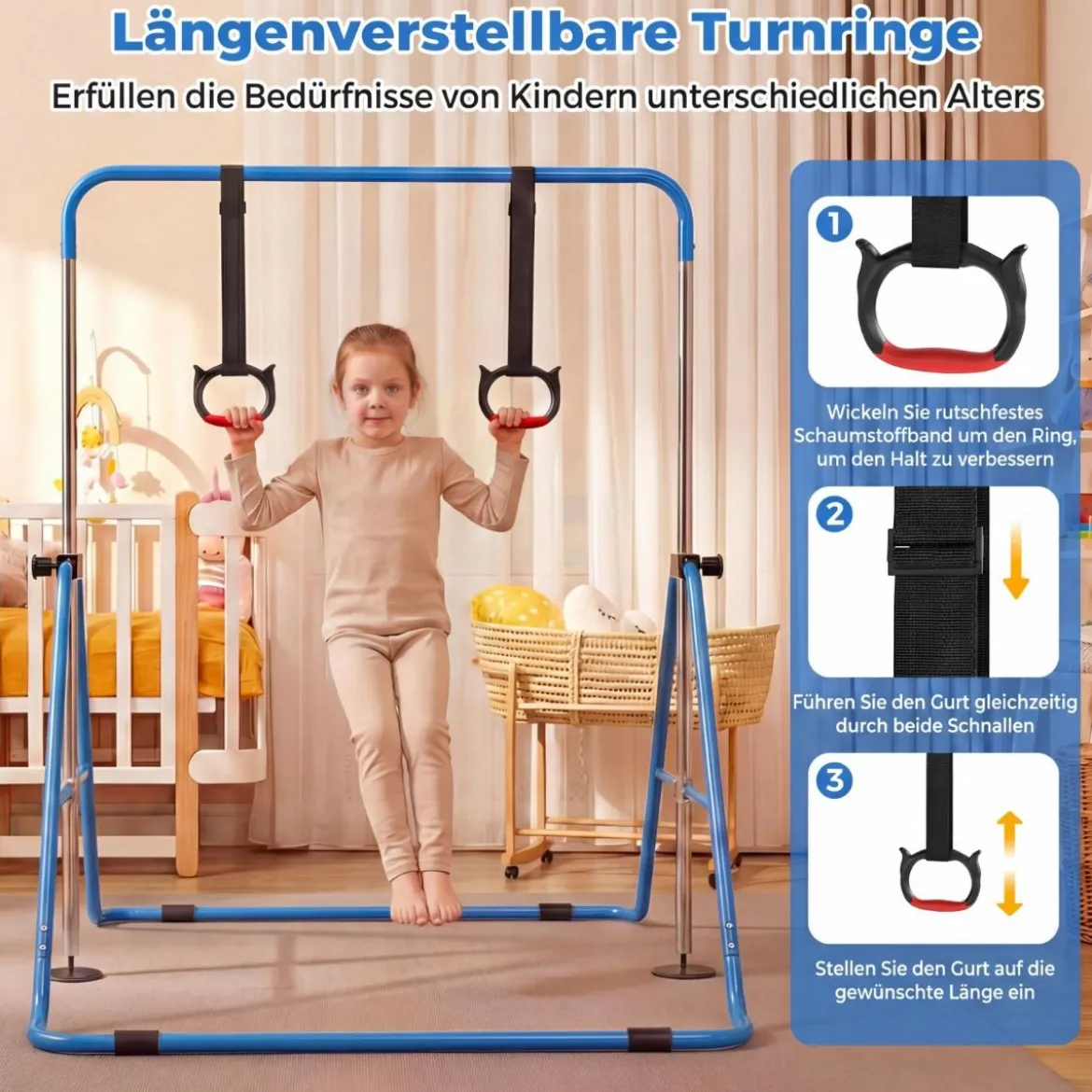 Ausziehbare Turnstange für Kinder 4-fach höhenverstellbare Reckstange mit stabilem Metallrahmen Blau