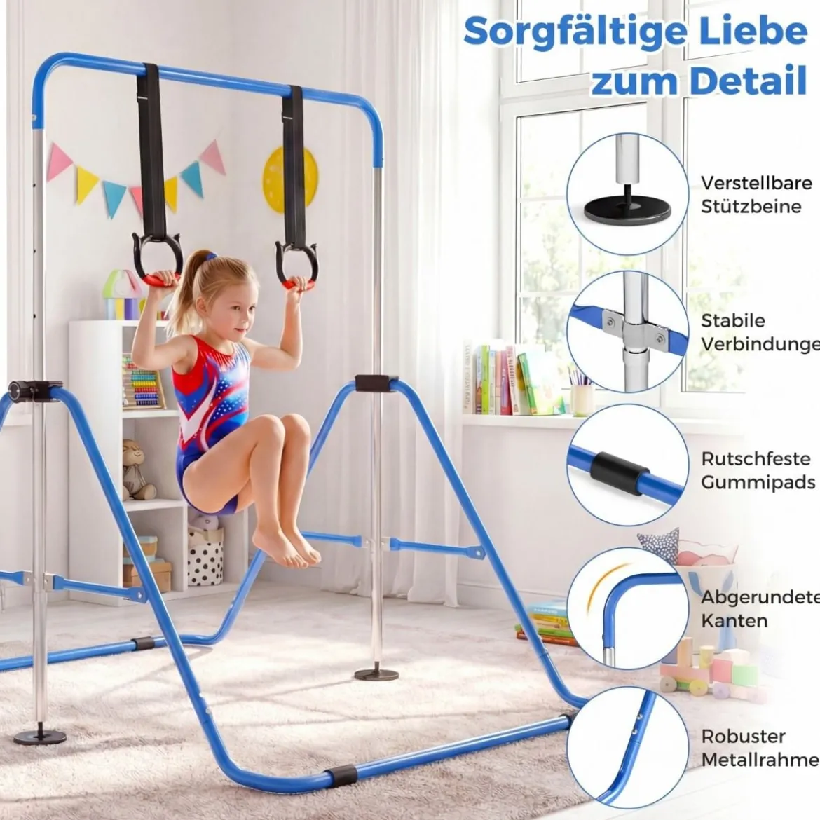 Ausziehbare Turnstange für Kinder 4-fach höhenverstellbare Reckstange mit stabilem Metallrahmen Blau