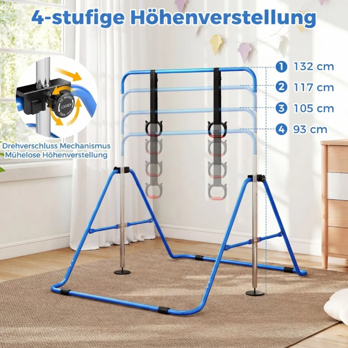 Ausziehbare Turnstange für Kinder 4-fach höhenverstellbare Reckstange mit stabilem Metallrahmen Blau