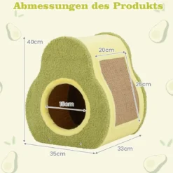 Avocado-förmiges Katzenhaus mit Jutekratzbrett & Bergförmigem Dach Niedliches Katzenunterkunft