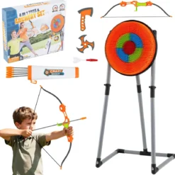 Axt Wurfspiel Set 4 in 1 Wurfäxte Spiel mit Bogen Zielscheibe 5 Pfeilen & 3 Äxten Orange