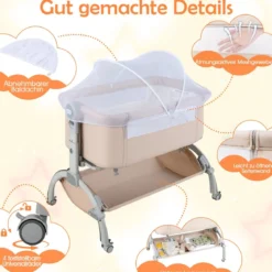 Baby Beistellbett Babybett mit 7-facher Höhenverstellung feststellbaren Rollen Grau/Beige