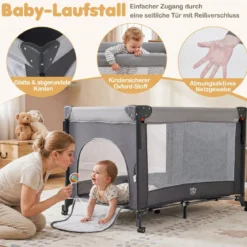 Babybett Klappbar auf Rollen mit Bremse Beistellbett mit Matratze & Abnehmbarem Wickeltisch Schwarz
