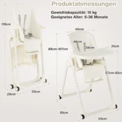 Babyhochstuhl Faltbarer Hochstuhl mit 6 Verstellbaren Höhen Esszimmerstuhl für Kleinkinder Beige