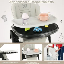 Babyhochstuhl Faltbarer Hochstuhl mit 6 Verstellbaren Höhen Esszimmerstuhl für Kleinkinder Grau
