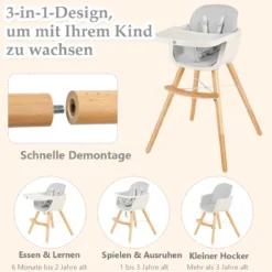 Babyhochstuhl Kinderhochstuhl Baby Treppenhochstuhl mit Einstellbares Esstischchen Grau
