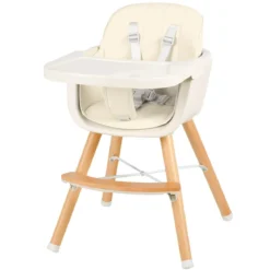 Babyhochstuhl Kinderhochstuhl Baby Treppenhochstuhl mit Einstellbares Esstischchen Holz Beige/Rosa-Beige
