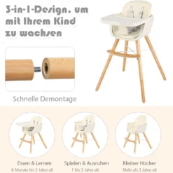 Babyhochstuhl Kinderhochstuhl Baby Treppenhochstuhl mit Einstellbares Esstischchen Holz Beige/Rosa-Beige
