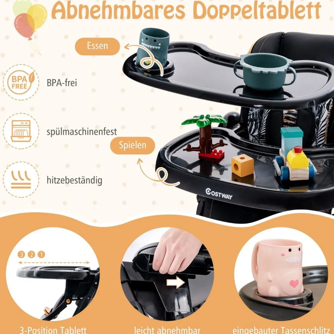 Baby Hochstuhl klappbar Babystuhl mit Liegefunktion Rädern & Doppeltablett 96,5 x 55 x 99–109 cm Schwarz