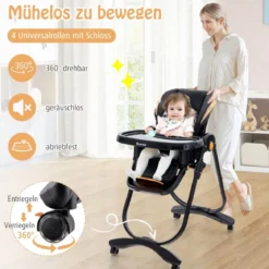 Baby Hochstuhl klappbar Babystuhl mit Liegefunktion Rädern & Doppeltablett 96,5 x 55 x 99–109 cm Schwarz