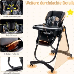 Baby Hochstuhl klappbar Babystuhl mit Liegefunktion Rädern & Doppeltablett 96,5 x 55 x 99–109 cm Schwarz