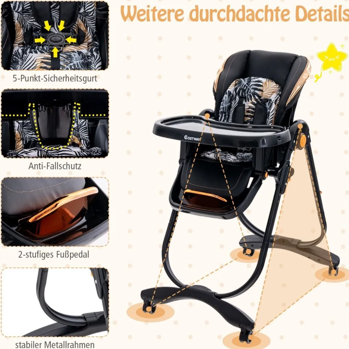 Baby Hochstuhl klappbar Babystuhl mit Liegefunktion Rädern & Doppeltablett 96,5 x 55 x 99–109 cm Schwarz