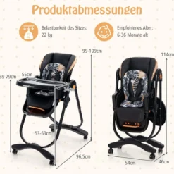 Baby Hochstuhl klappbar Babystuhl mit Liegefunktion Rädern & Doppeltablett 96,5 x 55 x 99–109 cm Schwarz