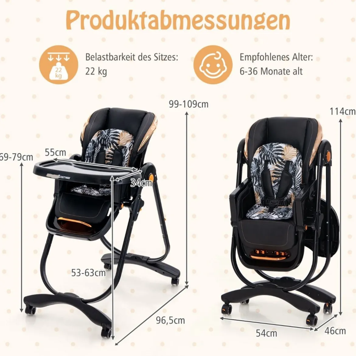 Baby Hochstuhl klappbar Babystuhl mit Liegefunktion Rädern & Doppeltablett 96,5 x 55 x 99–109 cm Schwarz
