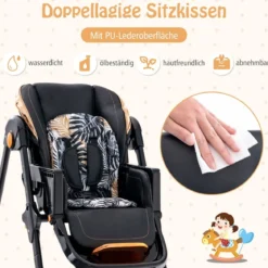 Baby Hochstuhl klappbar Babystuhl mit Liegefunktion Rädern & Doppeltablett 96,5 x 55 x 99–109 cm Schwarz