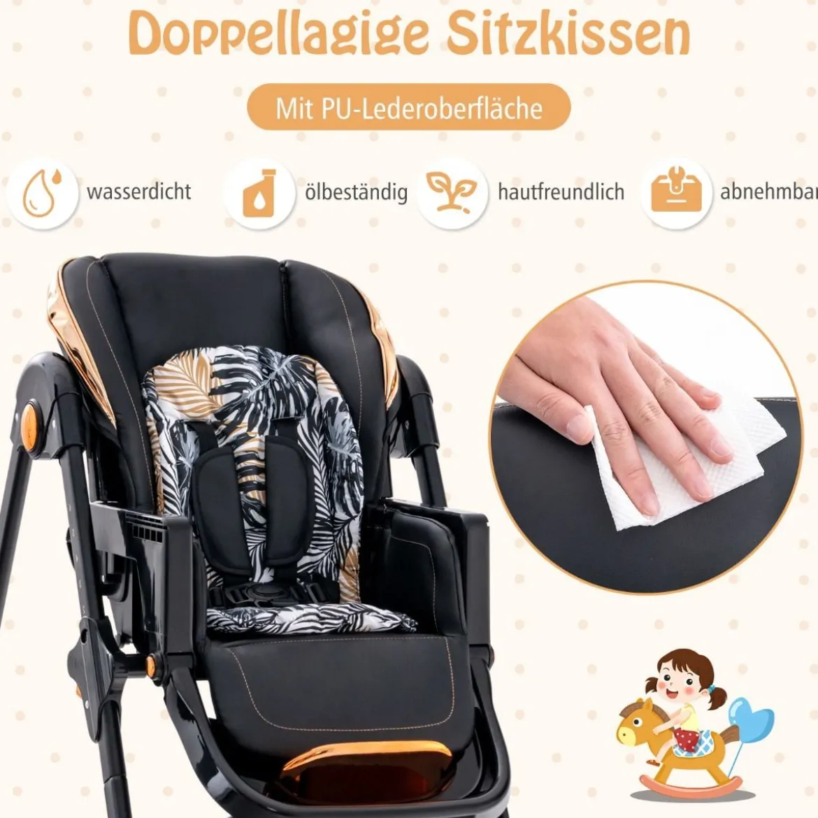 Baby Hochstuhl klappbar Babystuhl mit Liegefunktion Rädern & Doppeltablett 96,5 x 55 x 99–109 cm Schwarz