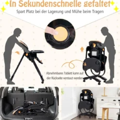 Baby Hochstuhl klappbar Babystuhl mit Liegefunktion Rädern & Doppeltablett 96,5 x 55 x 99–109 cm Schwarz