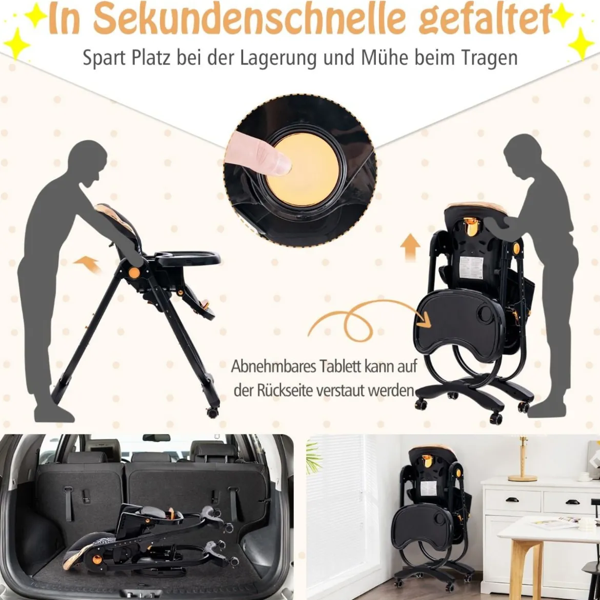 Baby Hochstuhl klappbar Babystuhl mit Liegefunktion Rädern & Doppeltablett 96,5 x 55 x 99–109 cm Schwarz