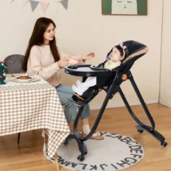 Baby Hochstuhl klappbar Babystuhl mit Liegefunktion Rädern & Doppeltablett 96,5 x 55 x 99–109 cm Schwarz