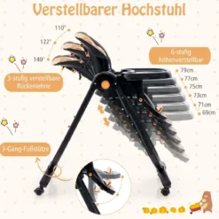 Baby Hochstuhl klappbar Babystuhl mit Liegefunktion Rädern & Doppeltablett 96,5 x 55 x 99–109 cm Schwarz