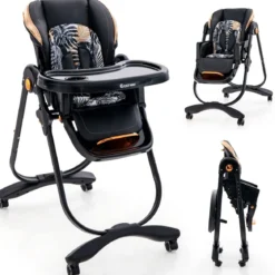 Baby Hochstuhl klappbar Babystuhl mit Liegefunktion Rädern & Doppeltablett 96,5 x 55 x 99–109 cm Schwarz