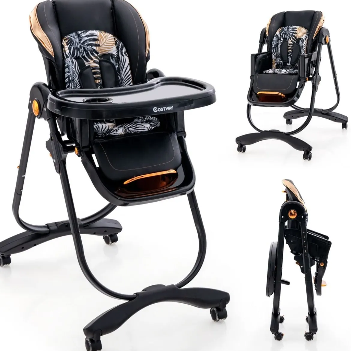 Baby Hochstuhl klappbar Babystuhl mit Liegefunktion Rädern & Doppeltablett 96,5 x 55 x 99–109 cm Schwarz
