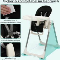 Babyhochstuhl Klappbar Hochstuhl Baby mit Liegefunktion 78 x 52,5 x 104 cm Schwarz