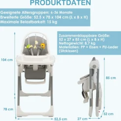 Babyhochstuhl Klappbar Hochstuhl Baby mit Liegefunktion 78 x 52,5 x 104 cm Grau
