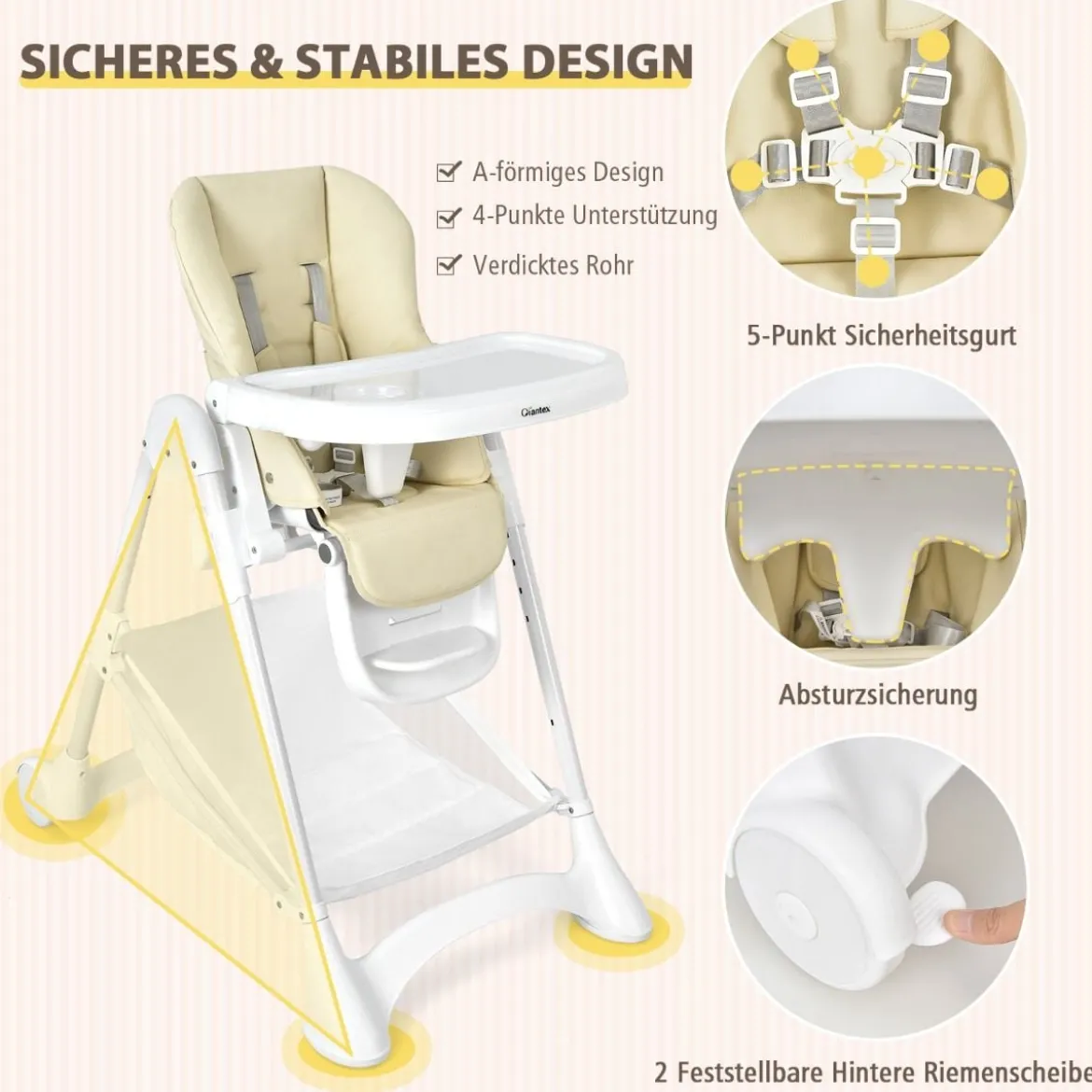 Baby Hochstuhl 5 stufige Rückenlehnenverstellung & 6 stufige Höhenverstellung Beige
