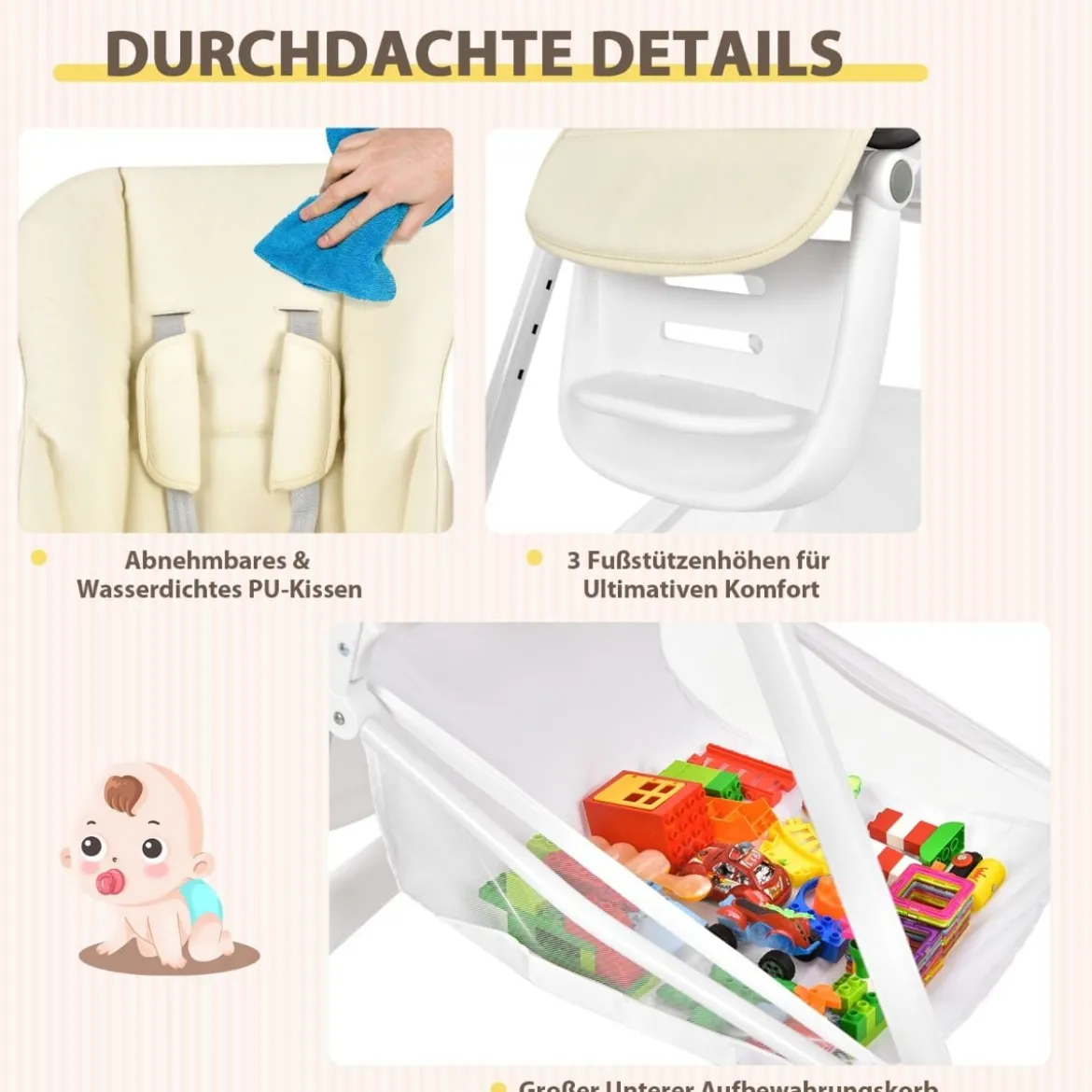 Baby Hochstuhl 5 stufige Rückenlehnenverstellung & 6 stufige Höhenverstellung Beige
