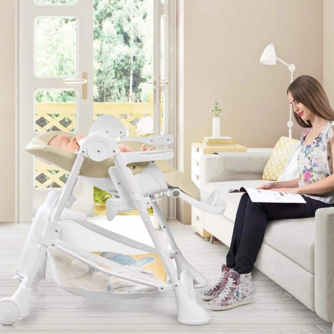 Baby Hochstuhl 5 stufige Rückenlehnenverstellung & 6 stufige Höhenverstellung Beige