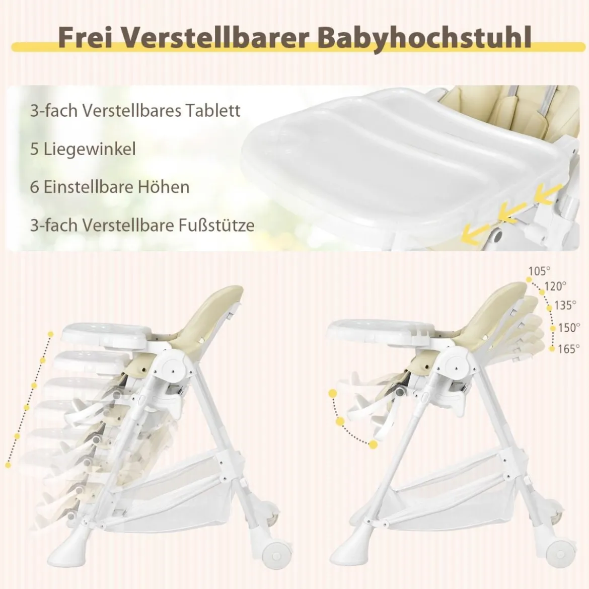 Baby Hochstuhl 5 stufige Rückenlehnenverstellung & 6 stufige Höhenverstellung Beige