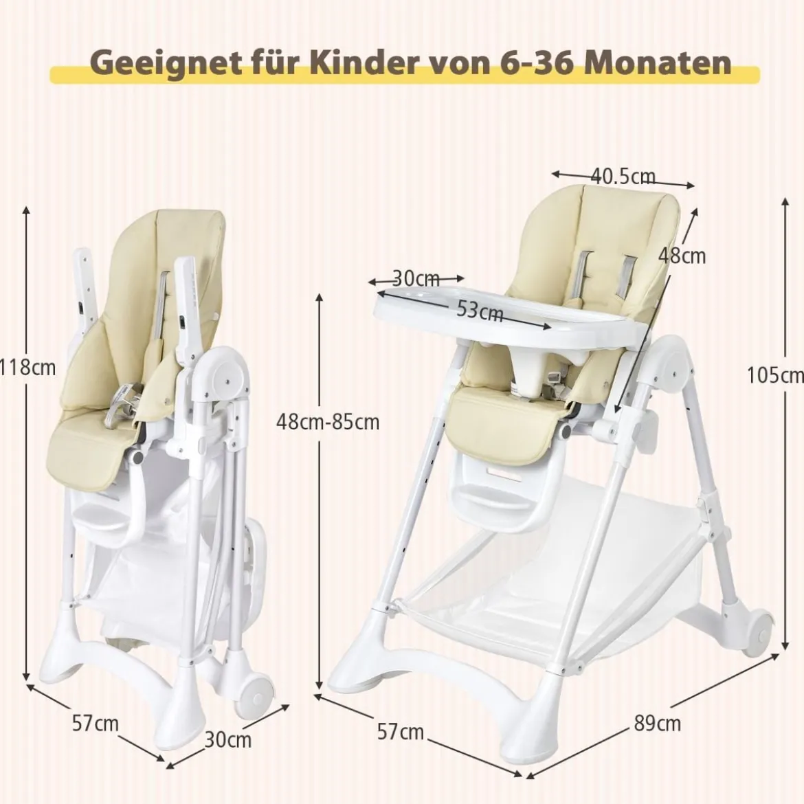 Baby Hochstuhl 5 stufige Rückenlehnenverstellung & 6 stufige Höhenverstellung Beige