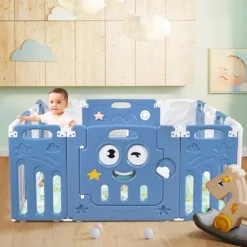 Baby Laufgitter aus Kunststoff mit Tür & Spielzeugboard für Kinder von 3 M. bis 6 J. Blau