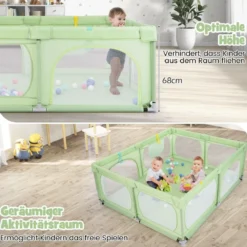 Baby-Laufgitter mit 4 Zugringen & 50 Ozeanbällen & Atmungsaktives Mesh & Tragetasche Grün