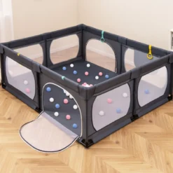 Baby-Laufgitter mit 4 Zugringen & 50 Ozeanbällen & Atmungsaktives Mesh & Tragetasche Dunkelgrau