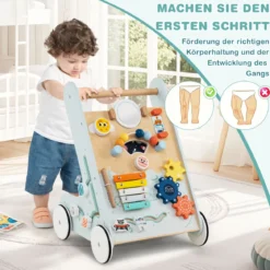 Baby Lauflernhilfe zum Schieben & Ziehen Holz Lauflernwagen Laufspielzeug mit Rädern Grün