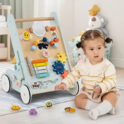 Baby Lauflernhilfe zum Schieben & Ziehen Holz Lauflernwagen Laufspielzeug mit Rädern Grün
