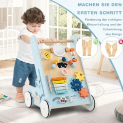 Baby Lauflernhilfe zum Schieben & Ziehen Holz Lauflernwagen Laufspielzeug mit Rädern Blau