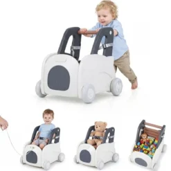 Baby Lauflernwagen mit Griff Zugseil Klappsitz Sicherheitsgurt Spielzeugkiste auf Rädern in Autoform