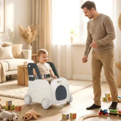 Baby Lauflernwagen mit Griff Zugseil Klappsitz Sicherheitsgurt Spielzeugkiste auf Rädern in Autoform
